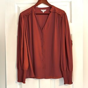 Nanette Lepore Smocked Cuff Puff Sleeve Button Front Rust Colour Blouse Size 2X